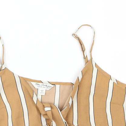 Close-up detail of Miss Selfridge women’s brown striped cropped blouse, size UK 10