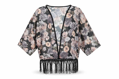 Front view of Izabel women’s multicoloured floral chiffon kimono blouse, size UK 10
