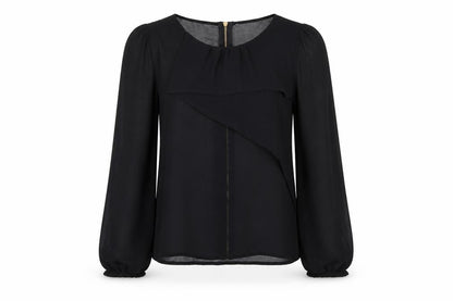 Front view of Miss Selfridge women’s black tunic blouse, size UK 10
