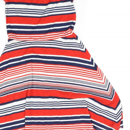 Brand and care label for Atmosphere women’s red striped bodycon, size UK 8