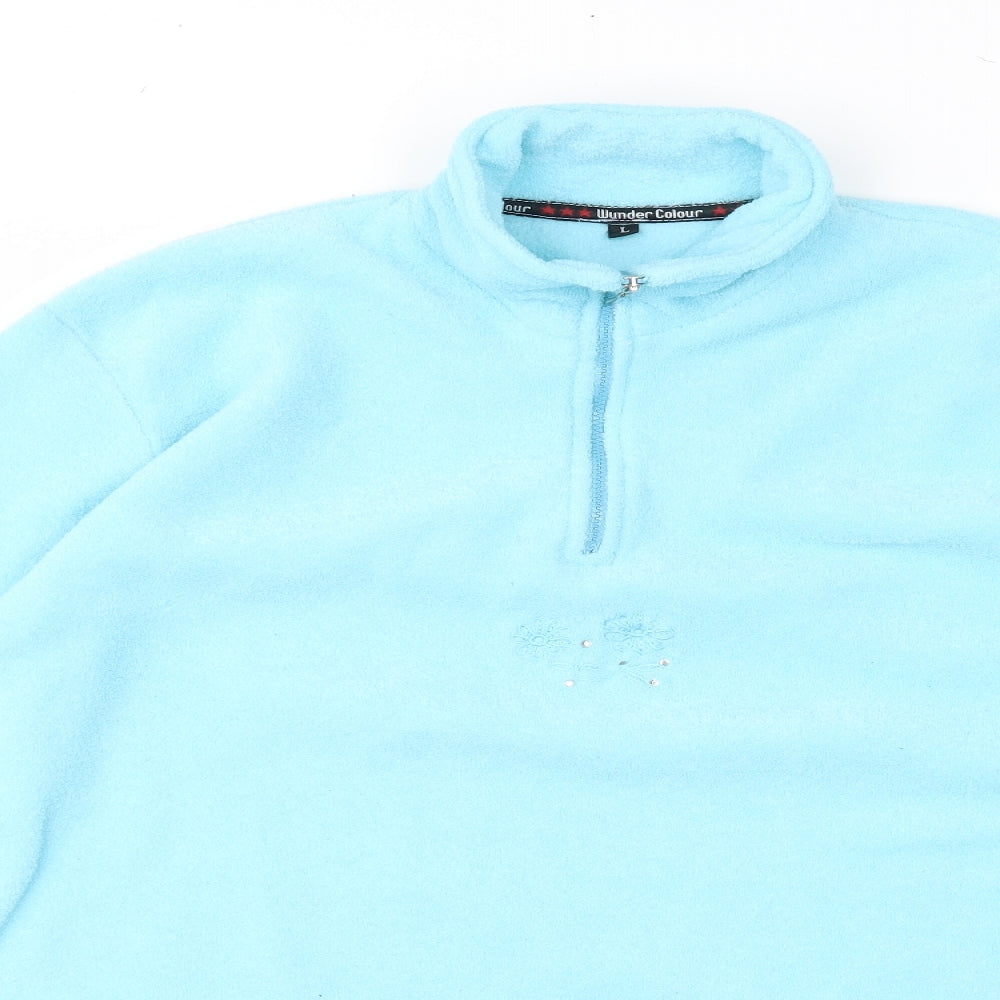 Close-up detail of Wunder Colour women’s blue fleece jacket, size L