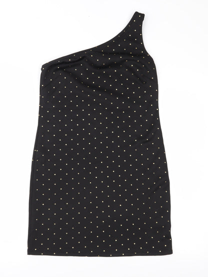 Front view of Atmosphere women’s black polka dot shift, size UK 12