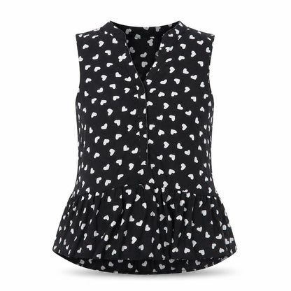 Front view of Millenium women’s black polka dot chiffon basic blouse, size M
