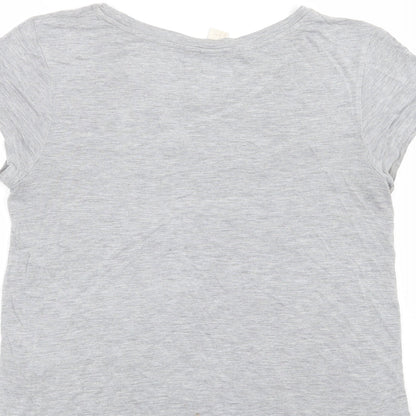 Brand and care label for H&M women’s grey floral basic t-shirt, size M