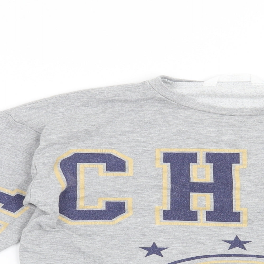 Close-up detail of Candy Couture girls’ grey pullover sweatshirt, size 9, years - michigan