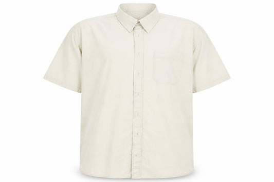 Front view of Double TWO men’s beige button-up, size XL