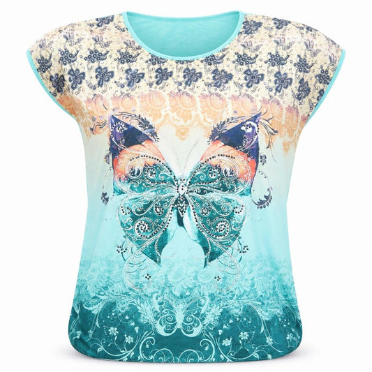 Front view of Just Elegance women’s green animal print basic t-shirt, size S