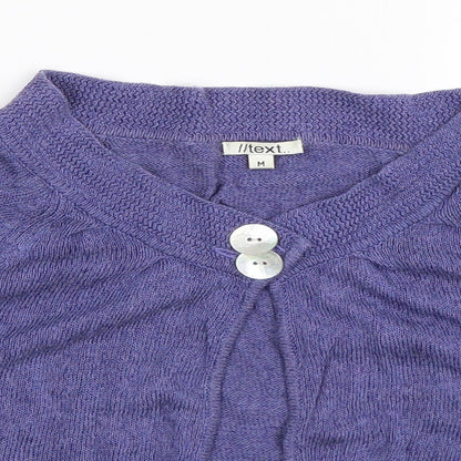 Close-up detail of Text women’s purple knit cardigan jumper, size M