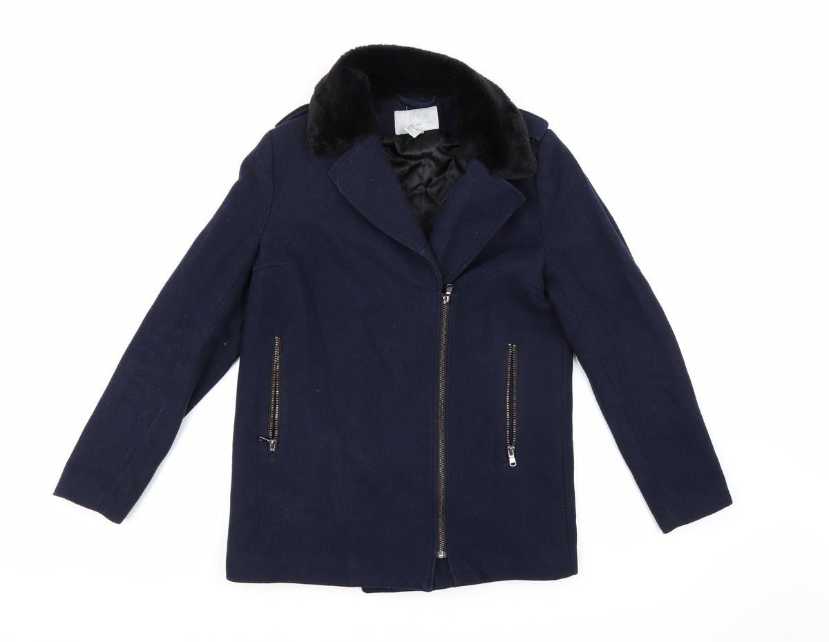 Additional front view of H&M women’s blue pea coat coat, size UK 8
