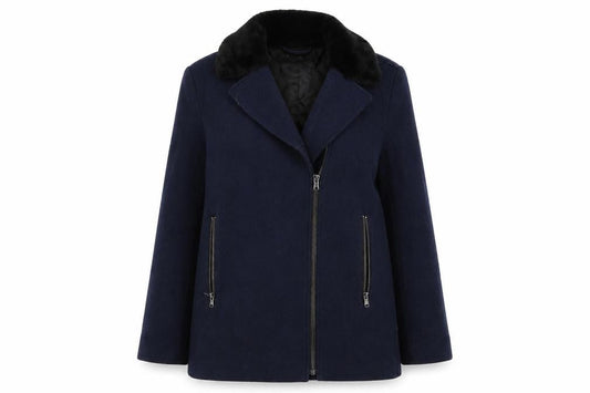 Front view of H&M women’s blue pea coat coat, size UK 8