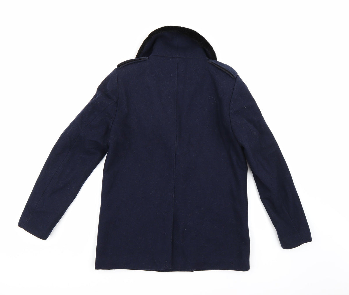 Back view of H&M women’s blue pea coat coat, size UK 8