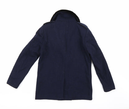 Back view of H&M women’s blue pea coat coat, size UK 8