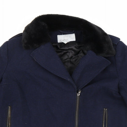 Close-up detail of H&M women’s blue pea coat coat, size UK 8