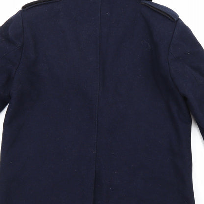 Brand and care label for H&M women’s blue pea coat coat, size UK 8