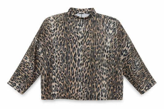 Front view of Zara women’s brown animal print basic blouse, size M