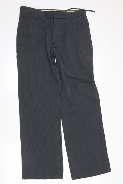 Front view of Next men’s grey striped trousers, size 32, in