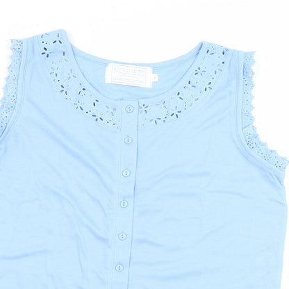 Close-up detail of nuggets women’s blue basic tank, size M