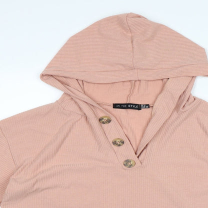 Close-up detail of In the Style women’s pink pullover hoodie, size UK 10