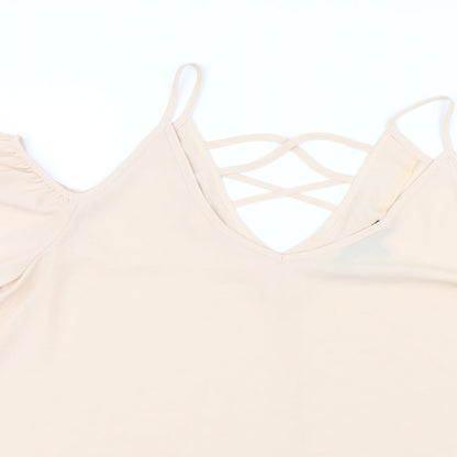 Close-up detail of Primark women’s pink mesh basic blouse, size UK 8