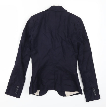 Back view of H&M women’s blue jacket suit jacket, size UK 4