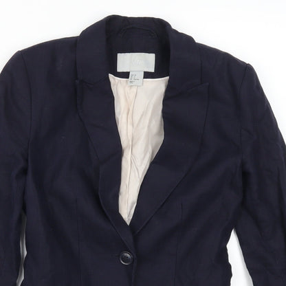Close-up detail of H&M women’s blue jacket suit jacket, size UK 4