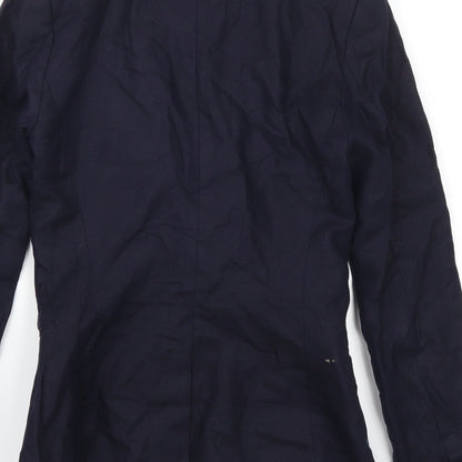 Brand and care label for H&M women’s blue jacket suit jacket, size UK 4