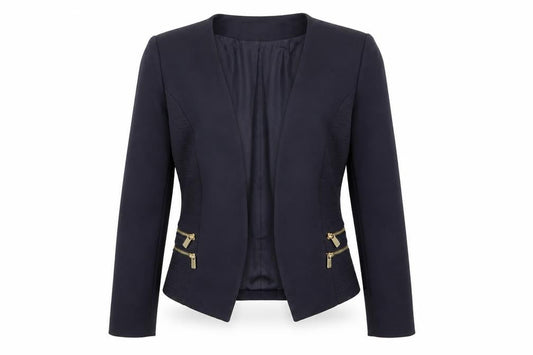 Front view of H&M women’s blue jacket, size UK 4