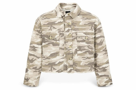 Front view of Primark women’s brown camouflage denim jacket, size UK 4, - cropped