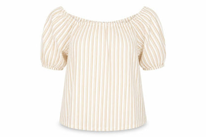 Front view of F&F women’s beige striped basic blouse, size UK 10