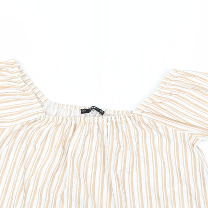 Close-up detail of F&F women’s beige striped basic blouse, size UK 10