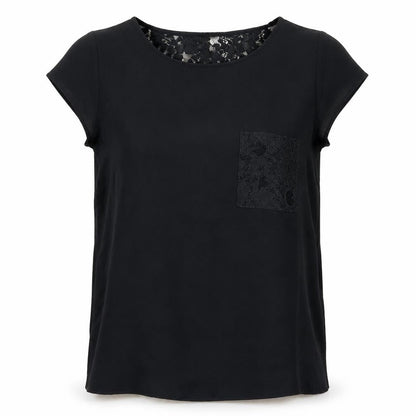 Front view of Springfield women’s black basic blouse, size UK 10, - sheer crochet back