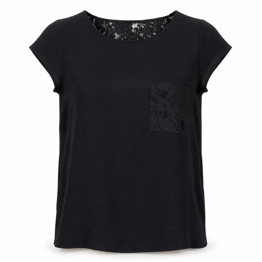 Front view of Springfield women’s black basic blouse, size UK 10, - sheer crochet back