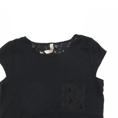 Close-up detail of Springfield women’s black basic blouse, size UK 10, - sheer crochet back