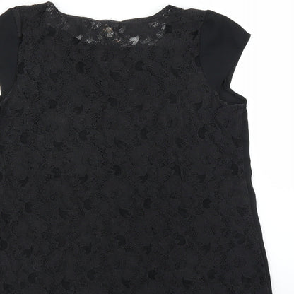 Brand and care label for Springfield women’s black basic blouse, size UK 10, - sheer crochet back