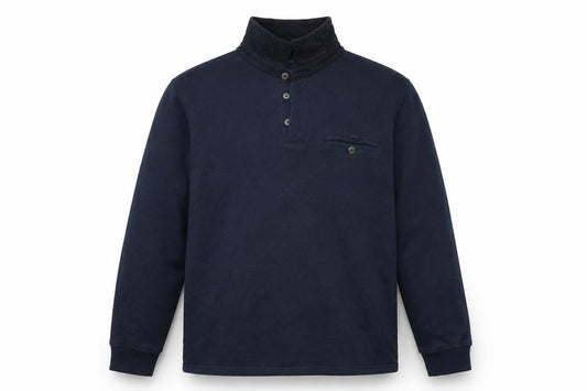 Front view of Dunnes men’s blue henley sweatshirt, size M
