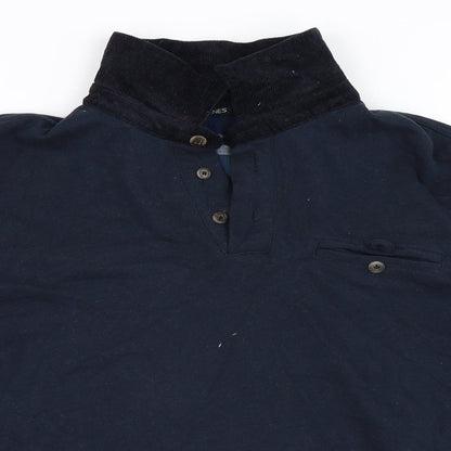 Close-up detail of Dunnes men’s blue henley sweatshirt, size M