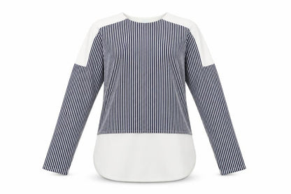 Front view of Blue Vanilla women’s blue striped pullover sweatshirt, size UK 8
