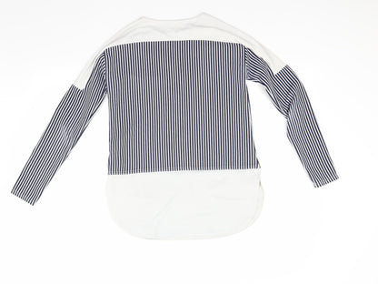 Back view of Blue Vanilla women’s blue striped pullover sweatshirt, size UK 8