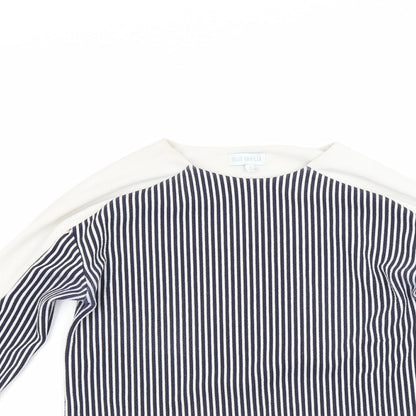 Close-up detail of Blue Vanilla women’s blue striped pullover sweatshirt, size UK 8
