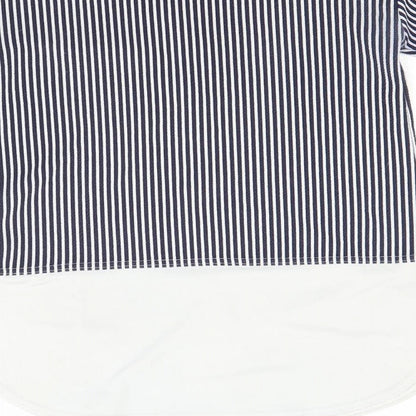 Brand and care label for Blue Vanilla women’s blue striped pullover sweatshirt, size UK 8