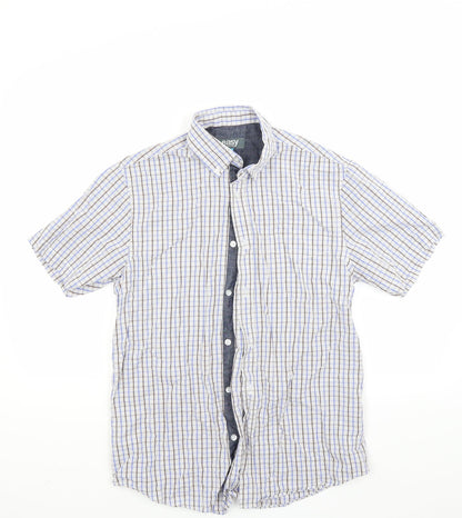 Additional front view of Easy men’s blue check button-up, size S