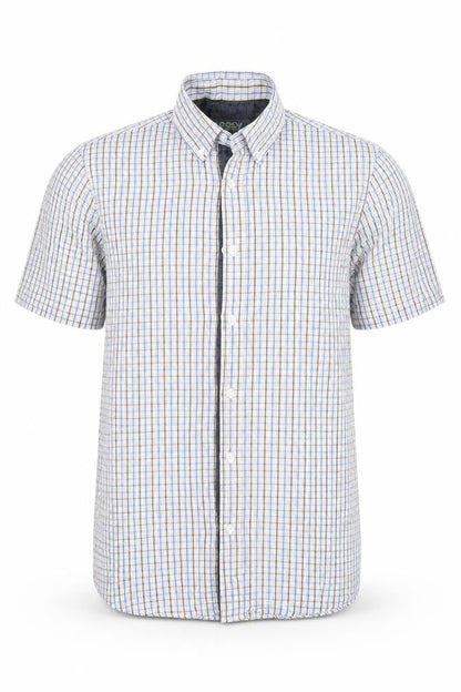 Front view of Easy men’s blue check button-up, size S