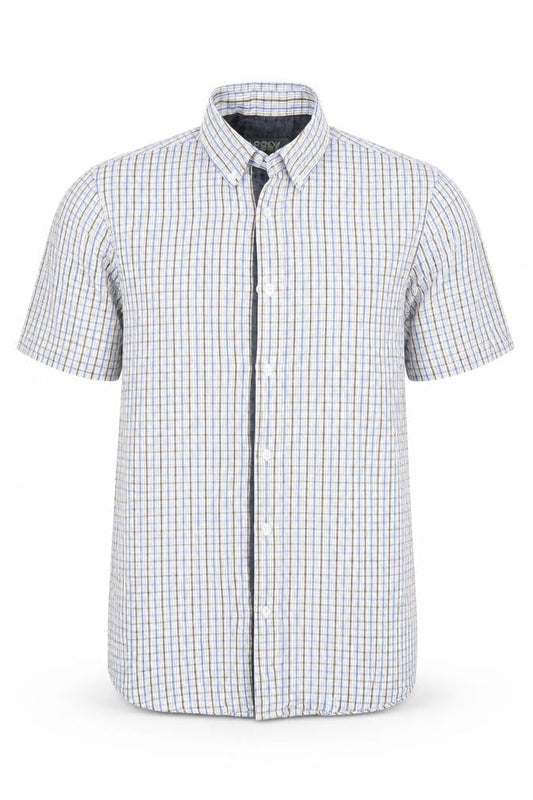 Front view of Easy men’s blue check button-up, size S