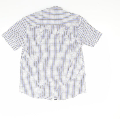 Back view of Easy men’s blue check button-up, size S