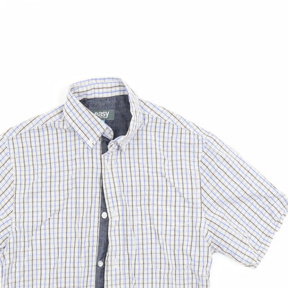 Close-up detail of Easy men’s blue check button-up, size S