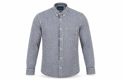 Front view of Diverse men’s blue check button-up, size M