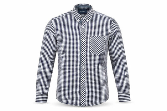 Front view of Diverse men’s blue check button-up, size M