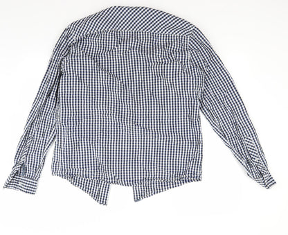 Back view of Diverse men’s blue check button-up, size M