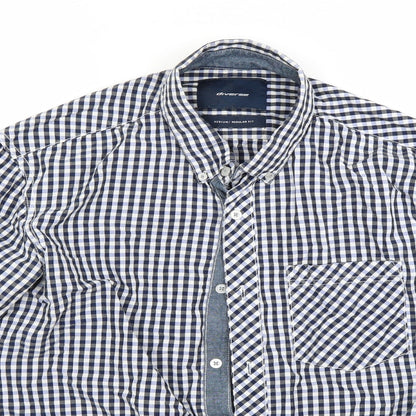 Close-up detail of Diverse men’s blue check button-up, size M