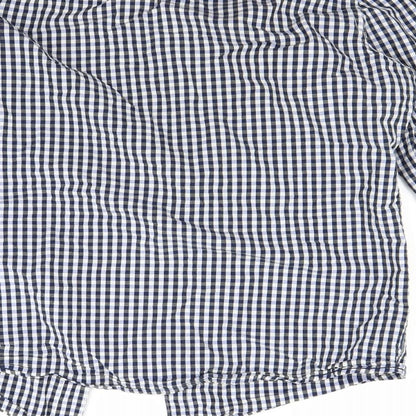 Brand and care label for Diverse men’s blue check button-up, size M